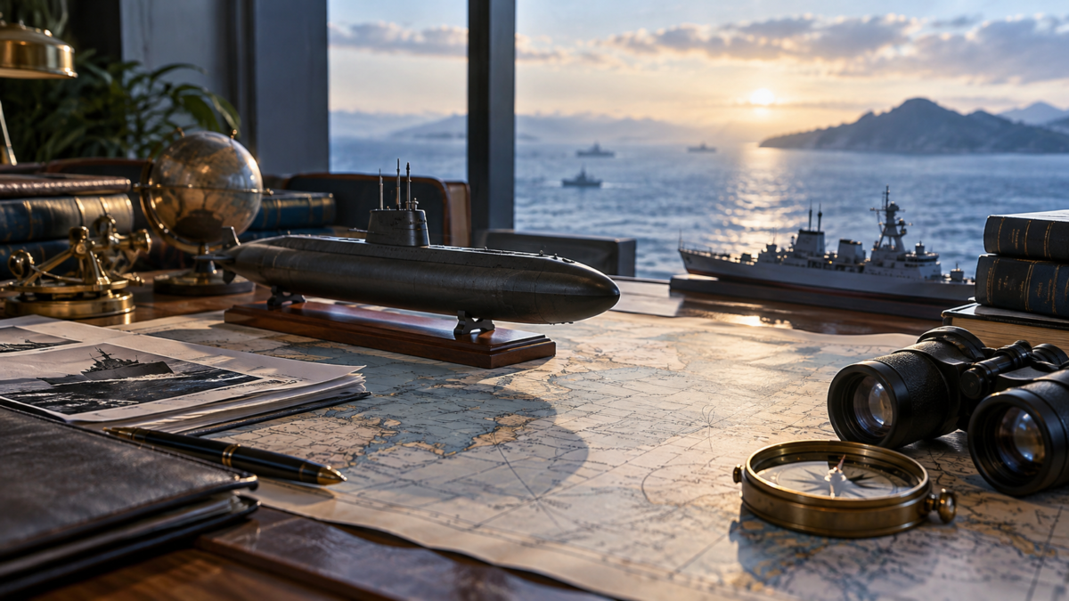 海図の上の潜水艦模型と窓の外の護衛艦