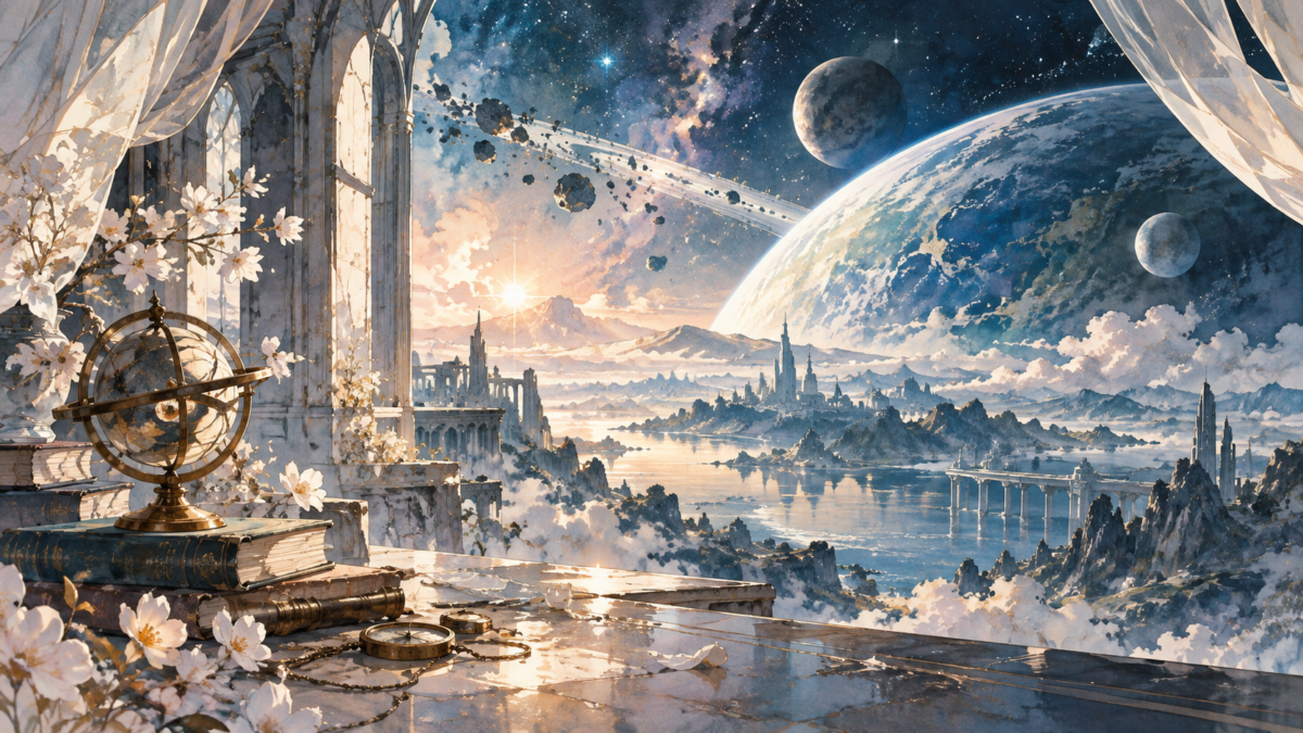 崩れた石造りの回廊から惑星を望む幻想的な風景のイラスト
