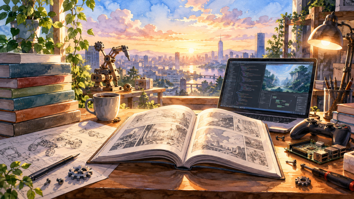 ノートパソコンと漫画を開いた机から夕暮れの街を望むイラスト