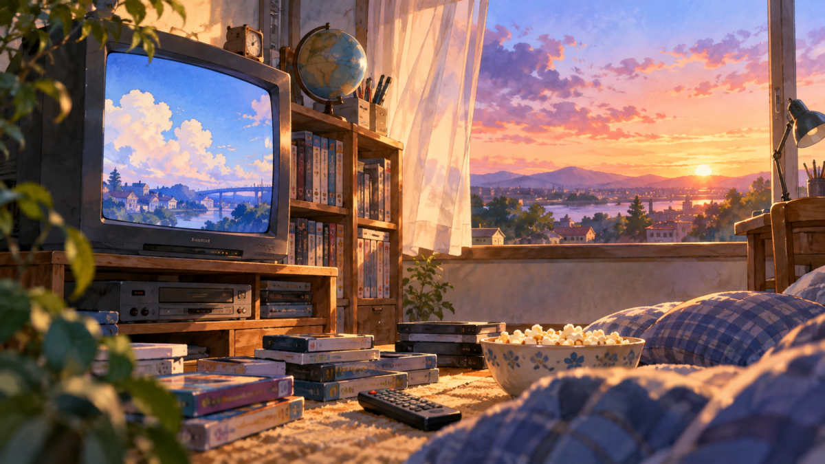 ブラウン管テレビとビデオテープの並ぶ懐かしい部屋