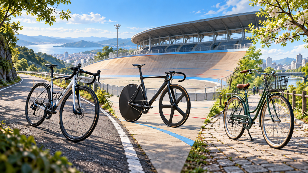 ロードバイク・競輪用自転車・街乗り自転車を並べた風景