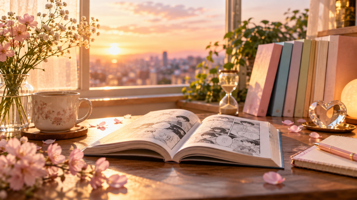 桜とハート形の飾りが並ぶ夕暮れの読書机