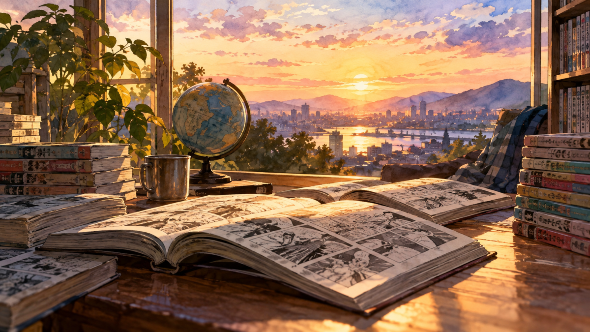 漫画本の山と地球儀が並ぶ懐かしい読書机