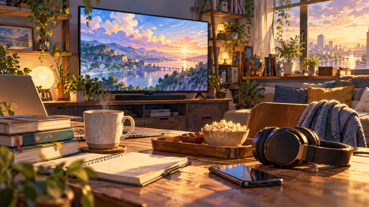 ヘッドホンと作業ノートの向こうでアニメを見る部屋