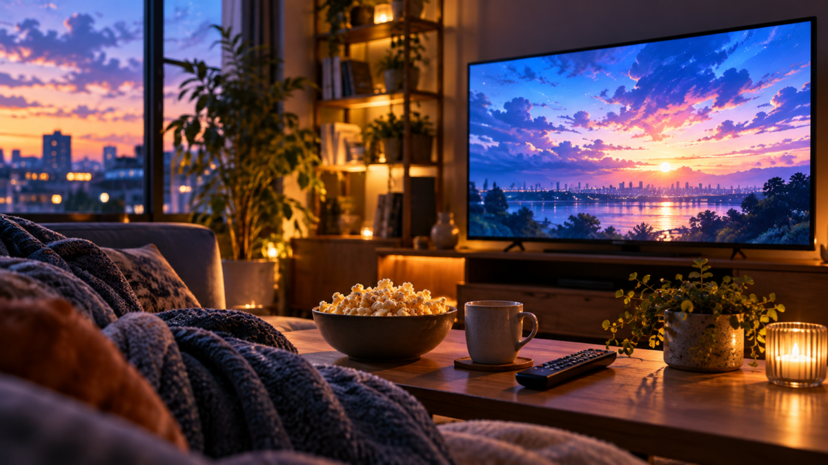 夕暮れの風景を映すテレビとポップコーンを置いた部屋