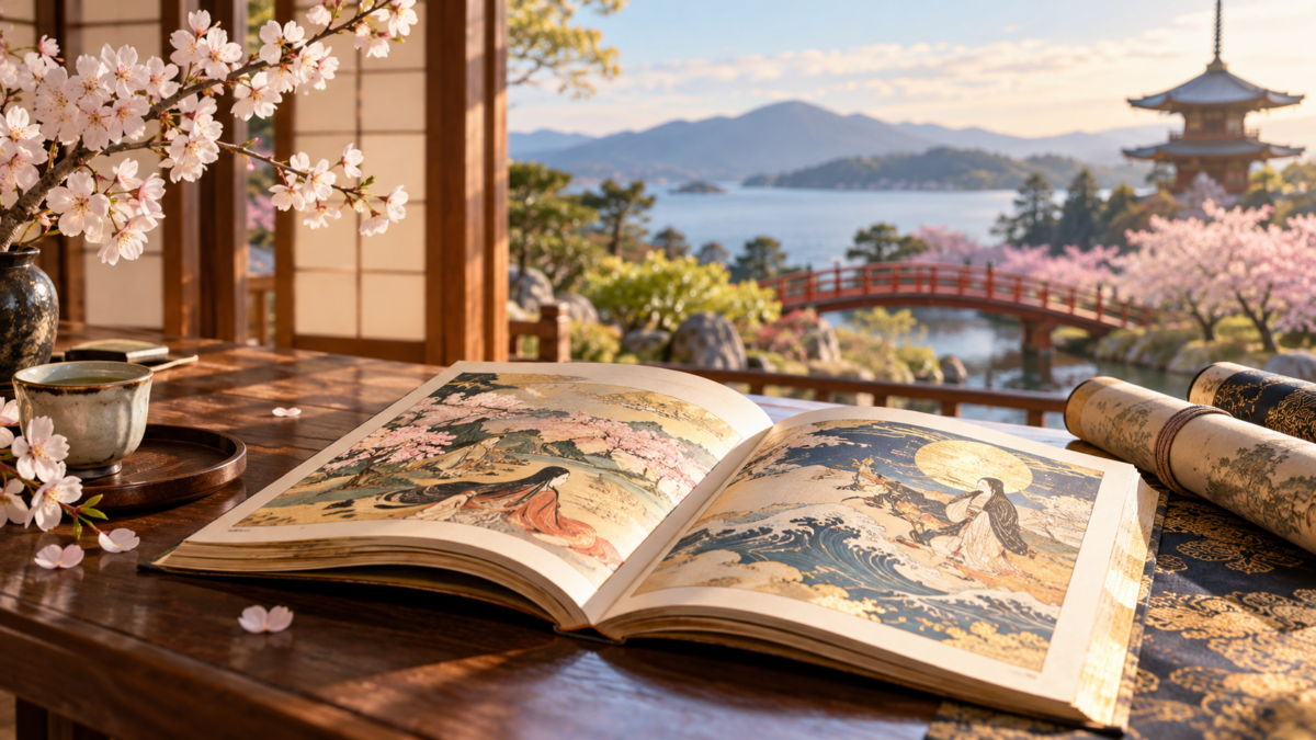 桜の咲く庭を望む机に開かれた古典文学の絵本