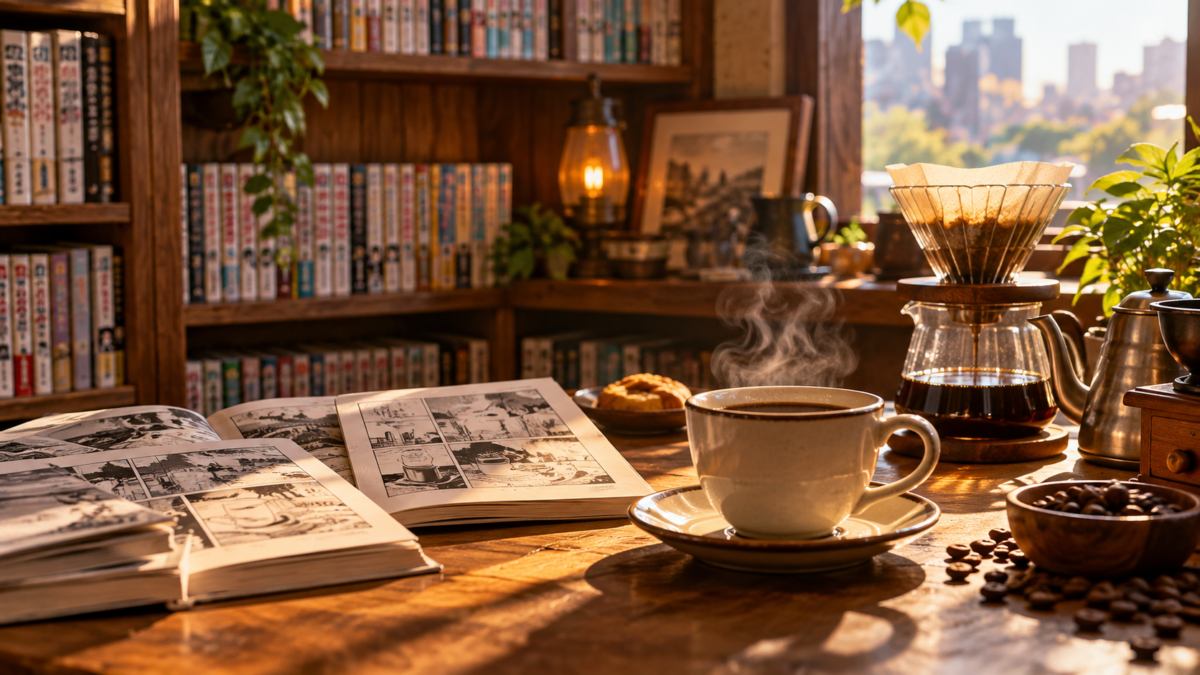 ドリップコーヒーと漫画を置いた喫茶店の机