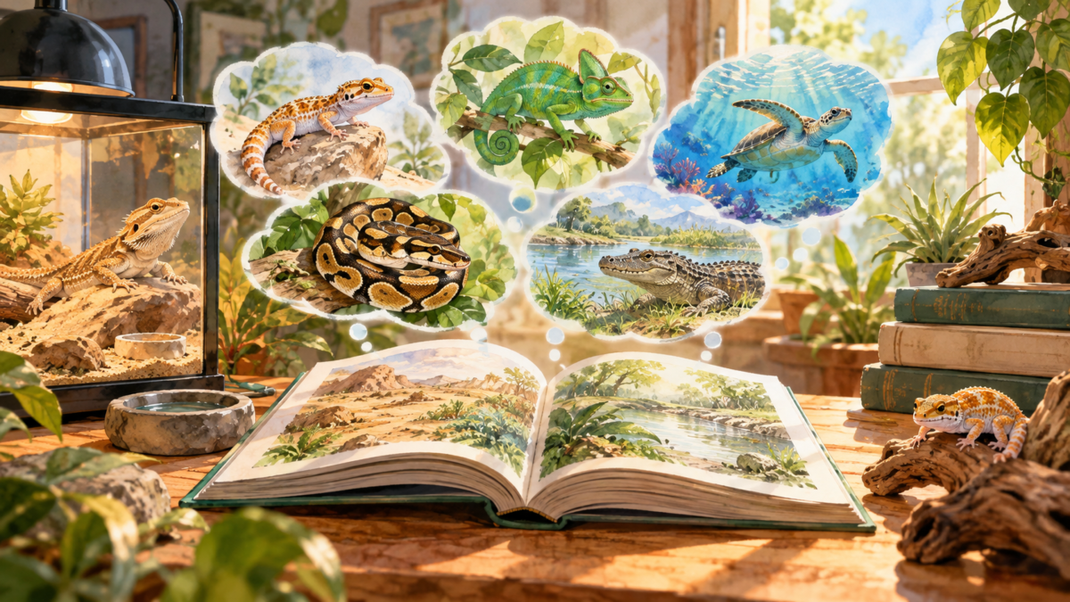 動物図鑑を開いた机に爬虫類や昆虫の絵が浮かぶイラスト