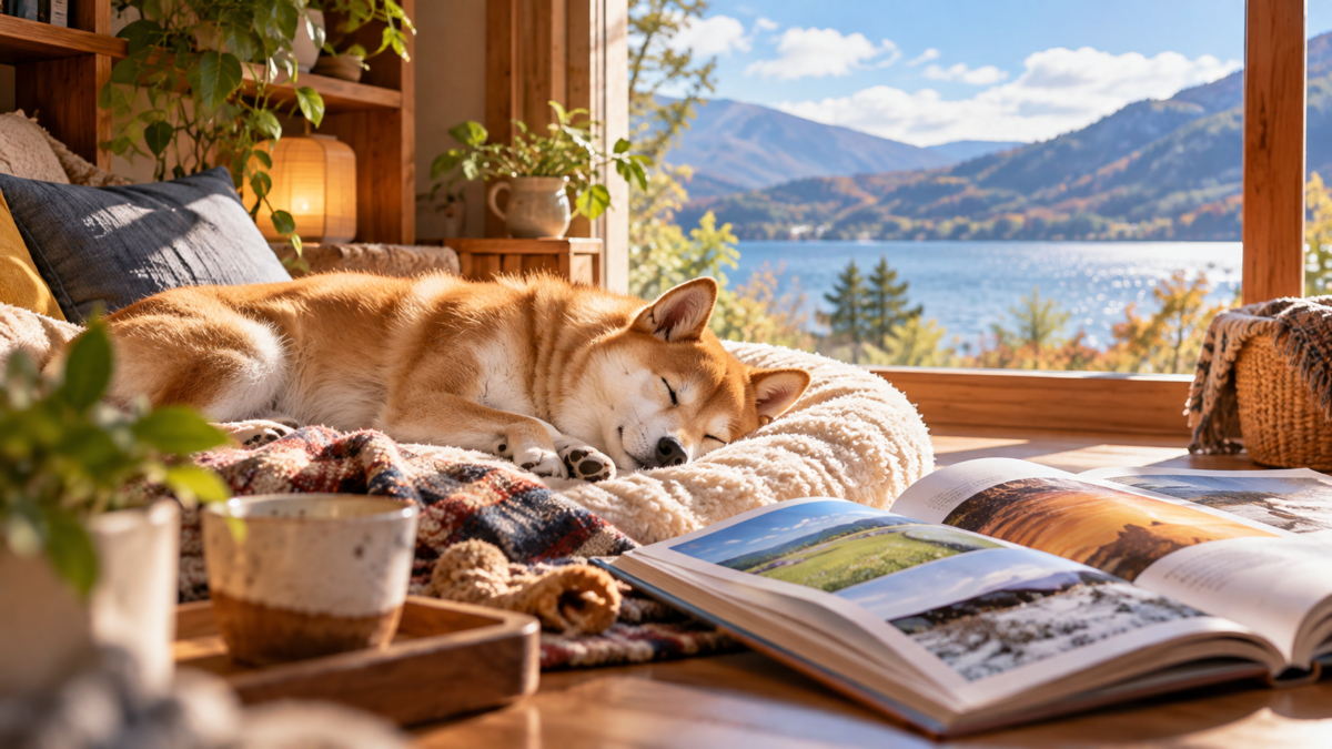 湖を望む窓辺で本の横に眠る柴犬