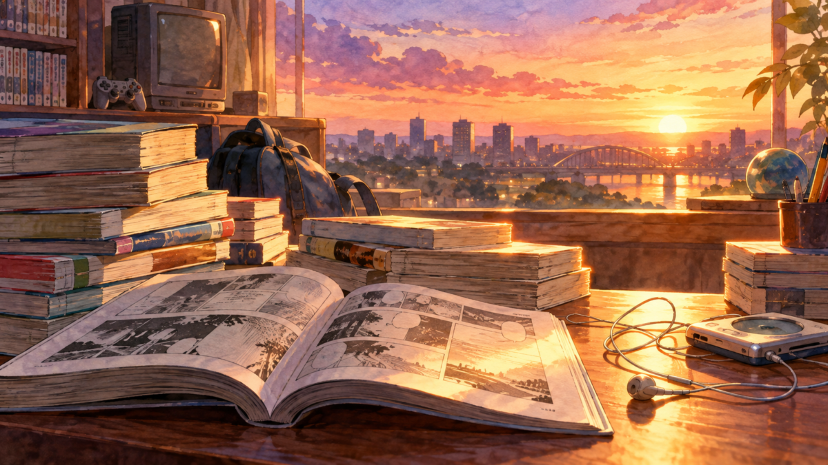 ブラウン管テレビと携帯音楽プレーヤーが並ぶ漫画の読書机