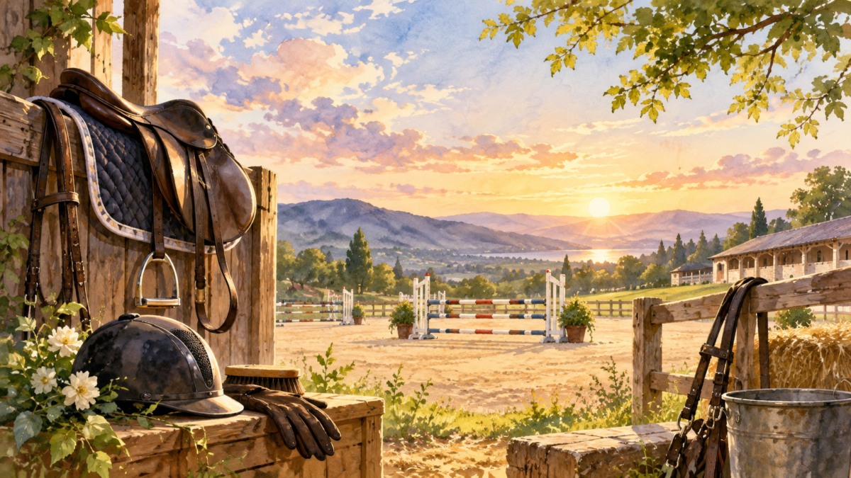鞍と乗馬用ヘルメットを置いた馬場の夕景イラスト