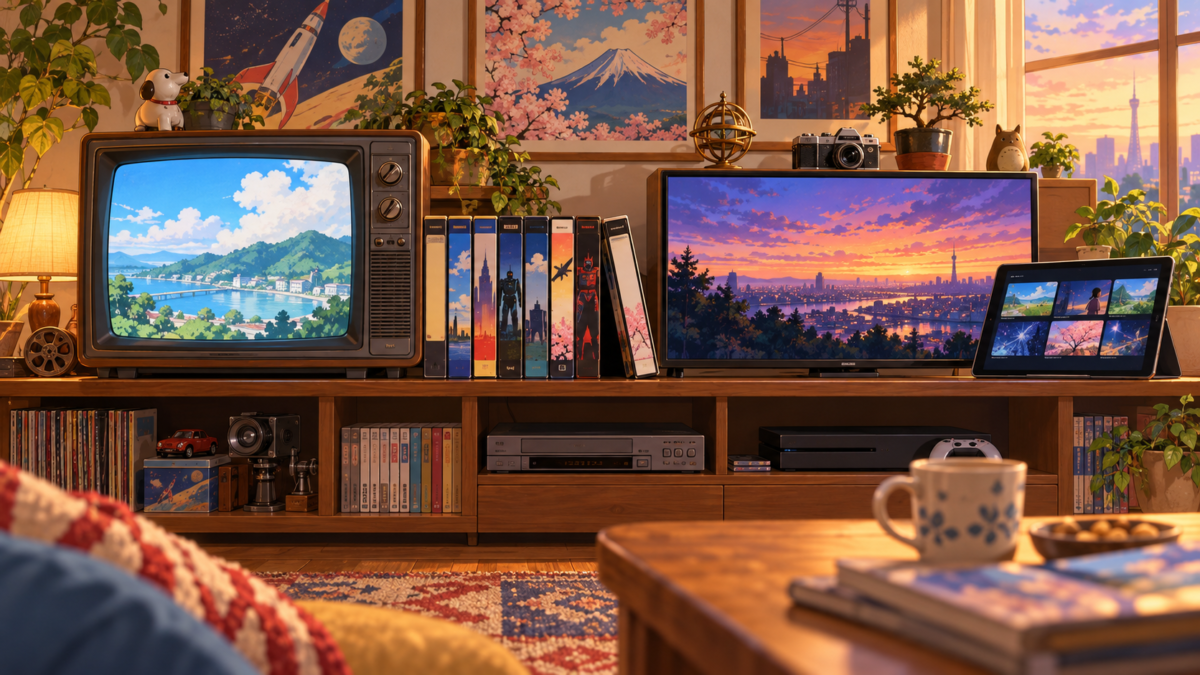 昭和のブラウン管テレビから現代の配信端末までが並ぶ、アニメ視聴の時代の移り変わりを表した室内