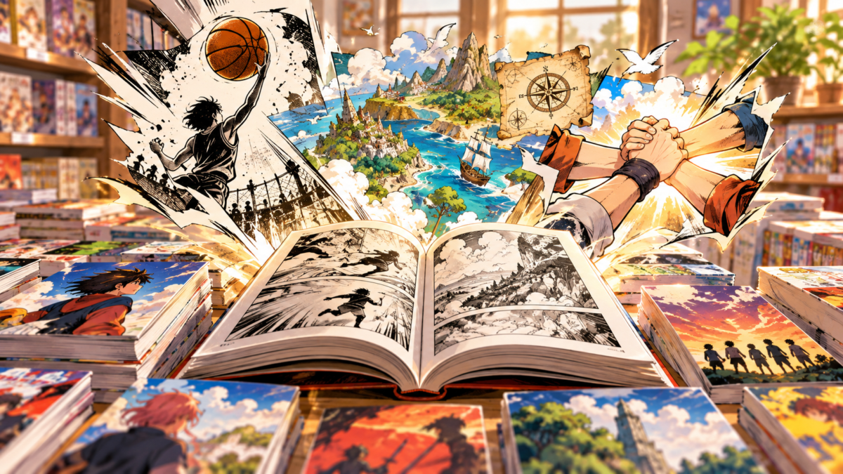 書店の漫画棚で開いた本からスポーツと冒険、友情を象徴する情景が広がるイラスト