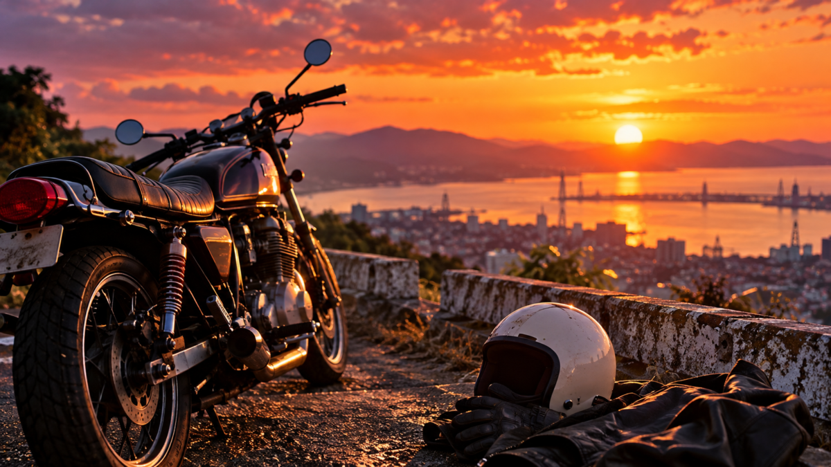 夕暮れの海を望む道路に停めたバイクとヘルメット
