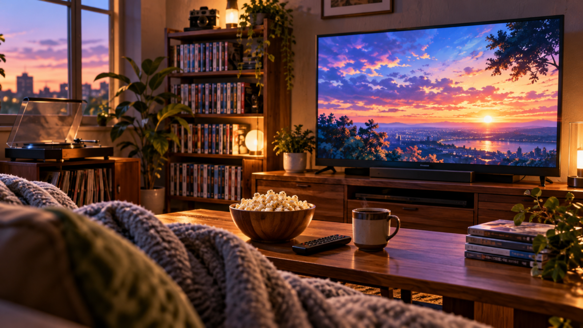 レコードと漫画が並ぶ部屋でアニメを見る夕暮れ
