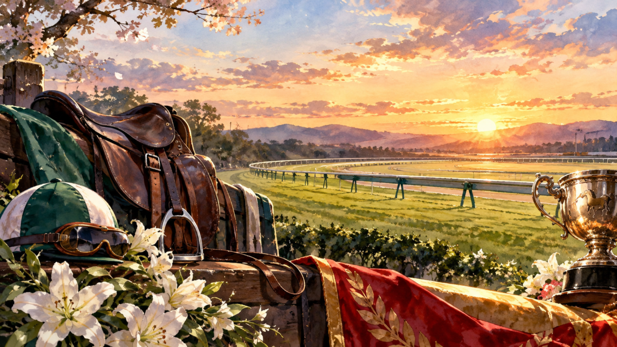 競馬場の夕暮れに置かれた鞍と優勝杯