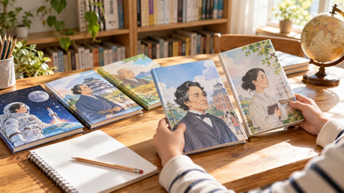伝記漫画を比べて選ぶために本を広げた様子