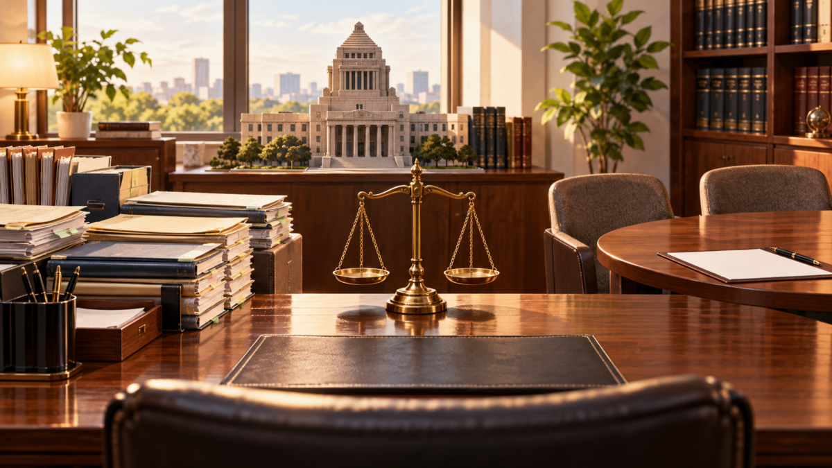 弁護士の仕事を示す相談机と事件記録と法廷