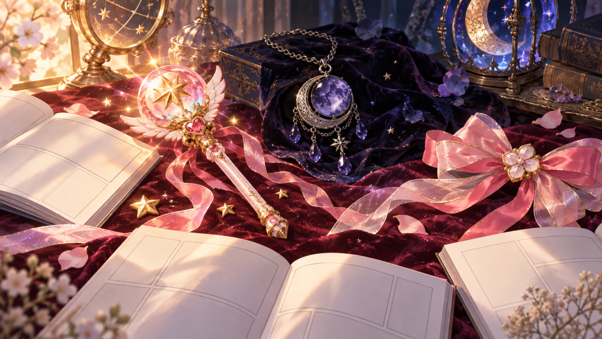 魔法少女漫画の異なる作風を表す杖・月のペンダント・リボン